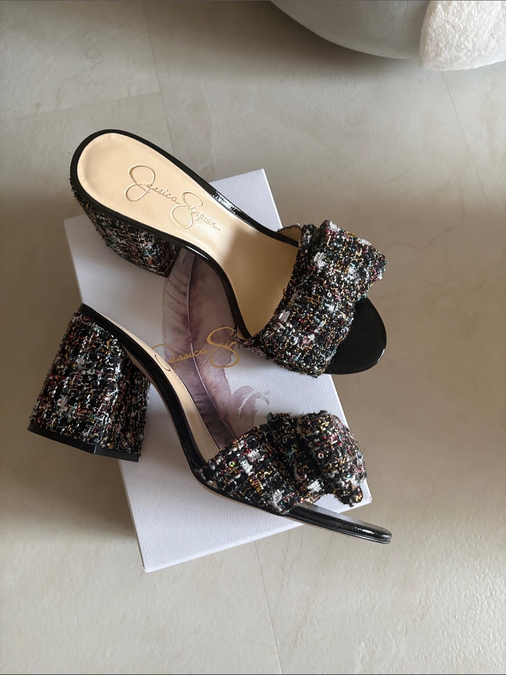 Jessica Simpson Black Tweed Bow Block Heel Mules with Multicolor Accents
